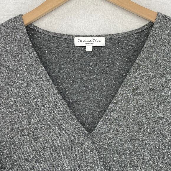 MICHAEL STARS Top L Knit Claudine Convertible Surplice Sparkle Madison Gray USA - Picture 3 of 10